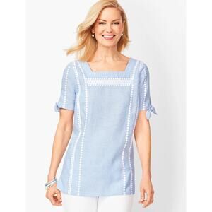 Talbots Light Blue Square Neck Embroidered Linen Top Size L Coastalprep